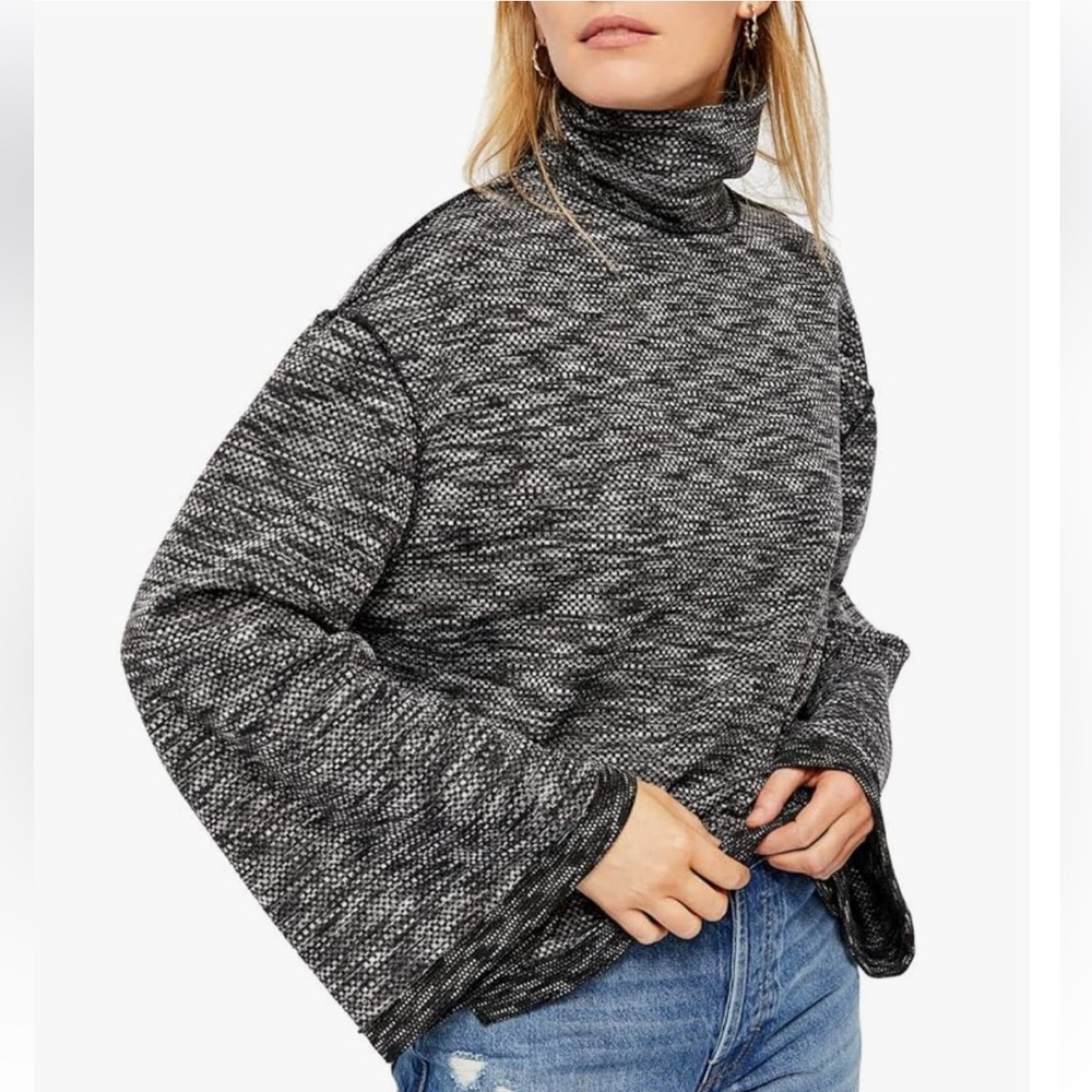 Free People Sunny Days Funnel Neck Sz M Black Relaxed Comfy Chic Boho Grunge